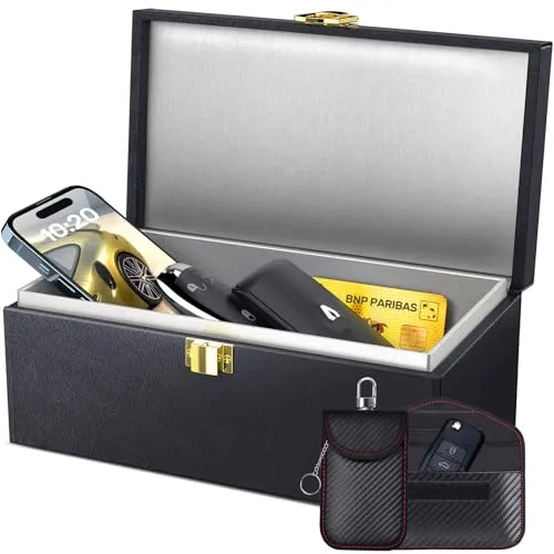 Samfolk Keyless Go Schutz Autoschlüssel Box & 2 Faraday Bag, Faraday Box Strahlenschutz Keyless Go Schutz Box Leder Schwarz (Schwarz, XL)