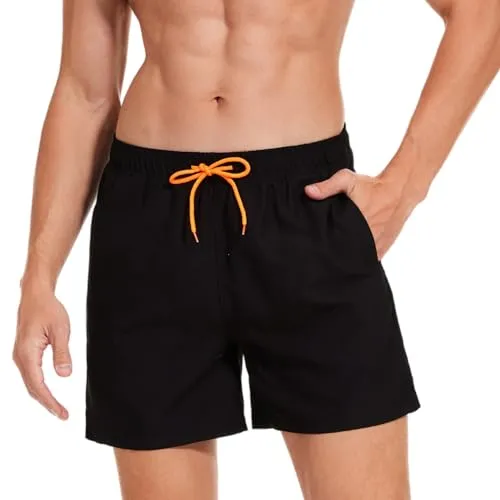AMZSPORT Badehose Herren Wasserabweisend Badeshorts Schwimmhose mit Mesh-Futter und Taschen, Schwarz XL