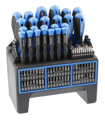 HÖGERT TECHNIK Schraubendreher und Bits Set 114 Stk - Schraubendreher-Sets mit hochwertigen S2-Legierungsstahl-Bits, rutschfesten Griffen und praktischem Ständer für optimale Aufbewahrung und Einsatzmöglichkeiten.