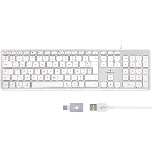 Bluestork QWERTY-Tastatur mit Kabel für Mac, konkave und leise Tasten, inkl. Ñ, 13 Multimedia-Shortcuts, USB/USB-C-Adapter, Weiß