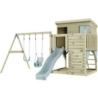 OutdoorToys Spielturm blau - Spielplatz für Kinder ab 3 Jahren, aus robustem Holz, mit einer bunten Babyschaukel für sicheren Spielspaß im Freien.
