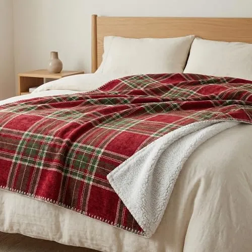 Tex family Plaid Schottische Decke für Doppelbett, 210 x 230 cm, doppelseitig, Sherpa-Lamm – Rot / Grün