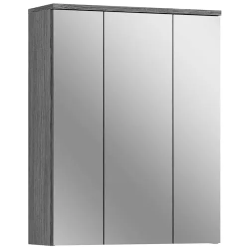 Lomadox Spiegelschrank Badezimmer Schrank mit Spiegel Strauraum Badschrank 3 Türen 6 Einlegeböden in Rauchsilber Nachbildung grau mit Front in Spiegelglas, Breite 60 cm