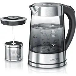 Arendo Edelstahl Glas Wasserkocher mit Teesieb - Wasserkocher mit 1,7 Liter Fassungsvermögen, 4 Temperaturstufen und integriertem Teesieb aus Edelstahl für perfekten Tee-Genuss. Elegantes Rauchglas-Design und ergonomischer Cool-Touch-Griff.