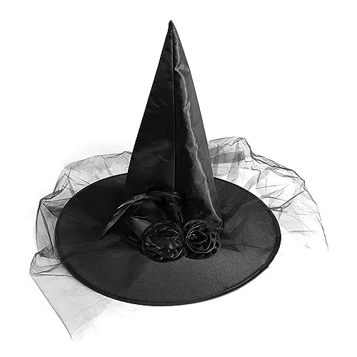 Hexenhut für Halloween Frauen - Magischer Hexenhut für Frauen - Mit Federn und Netz-Design - Perfektes Zaubererhut Zubehör für Party, Cosplay und Maskerade (Schwarz)