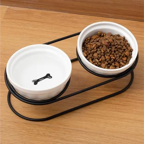 Keramik Fressnapf Katze mit schwarzem Metallständer