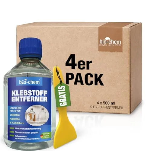 bio-chem Klebstoffentferner Etikettenlöser - 4x 500 ML - Allzweckreiniger, entfernt mühelos Klebereste und Etiketten, materialschonend und ideal für Haushalt, Werkstatt und Auto.