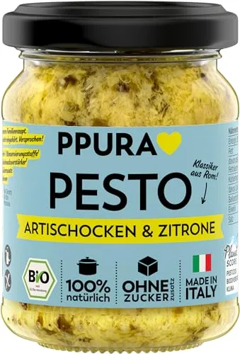 PPURA Bio Pesto Artischocken & Zitrone | Vegane Pasta-Sauce mit Artischocken, Sizilianischer Zitrone & Nat. Olivenöl Extra | Made in Italy | 100% Natürlich Ohne Zusatzstoffe | Glutenfrei | 120g Glas