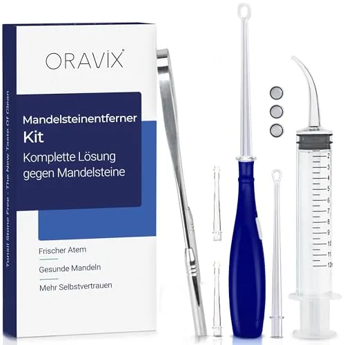 ORAVIX Tonsillenstein Entferner Set - Einfach Mandelsteine Entfernen und Mundgeruch stoppen - Mit LED-Licht, Zungenreiniger und Spritze