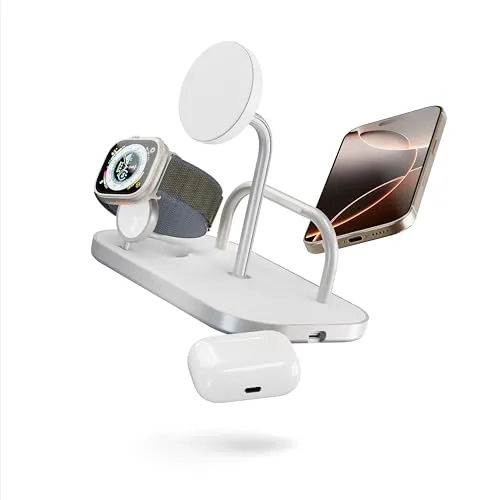 Zens 4-in-1 Wireless Charger - Kabelloses Qi-Ladegerät für iPhone, Apple Watch und AirPods mit 15 W, inkl. 65-W-Netzadapter und 1,5 m Kabel, ideal für Ordnung und schnelles Laden.