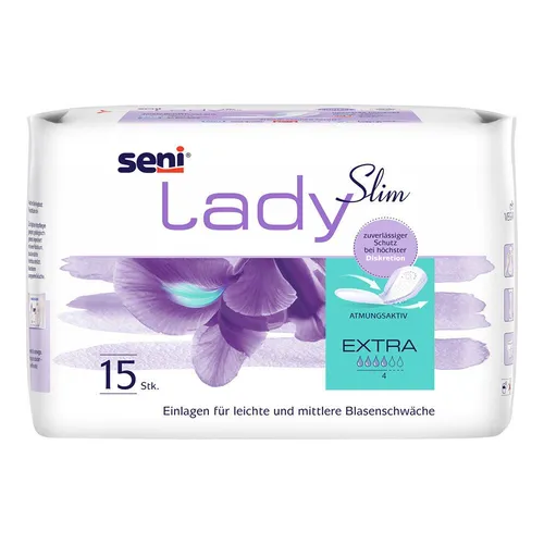 seni® Lady Slim Extra Einlagen - Anatomische Inkontinenzeinlagen für aktive Frauen, die Komfort und Diskretion suchen. Mit seitlichem Auslaufschutz und atmungsaktiver Außenschicht bieten sie perfekten Schutz bei leichter Inkontinenz.