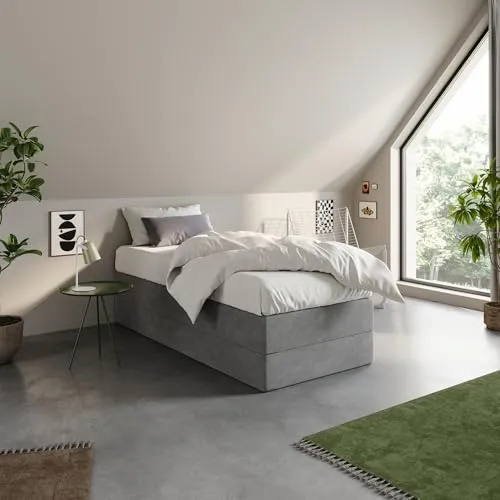 Home Collective Boxspringbett Polsterbett Bett wählbare Matratze Kaltschaum H3, Micro-Velours, platzsparend ohne Kopfteil | 90x200 | Grau