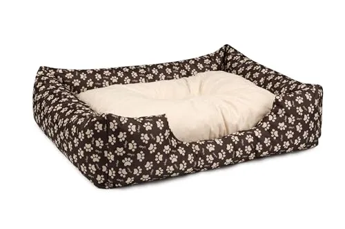 BedDog Hundebett Mimi, Hundesofa aus Cordura, Microfaser-Velours, waschbares Hundebett Vier-eckig mit Rand, Hundekissen für drinnen, draußen, M, braun-beige mit Pfoten