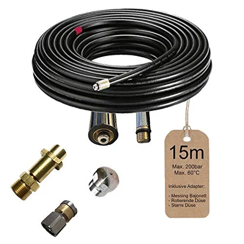 Meter Rohrreinigungsschlauch, bis zu 200bar, 60° inklusive Bajonett Adapter, rotietrende Düse & starre Düse Set (4-Teilig) für Kärcher Kränzle und andere Hochdruckreiniger von M&M Smartek 15