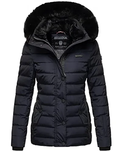 Navahoo Damen Winter Steppjacke Milianaa Navy mit abnehmbarer Kapuze - Funktionsjacken für kalte Tage: Modische Winterjacke mit weicher Kunstfell-Kapuze, taillierter Passform und warmem Teddyfell-Futter für optimalen Tragekomfort.