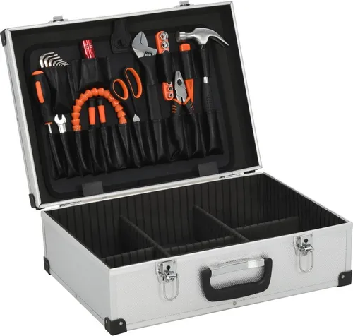 vidaXL Aluminium Werkzeugkoffer 46 x 33 x 16 cm - Wasserdichter und langlebiger Werkzeugkoffer aus Aluminium, mit 6 Fächern und 17 Taschen für optimale Organisation. Abschließbar für sichere Aufbewahrung und mit praktischem Handgriff für einfachen Transport.