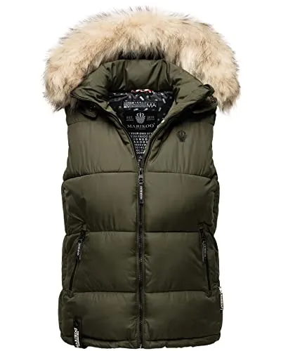 MARIKOO Damen Winter Weste mit Kapuze und Fellkragen B896 - Funktionsjacken – Weiche Steppweste im trendigen Design mit großen Fellkragen und praktischen Taschen für ultimativen Komfort und Stil.
