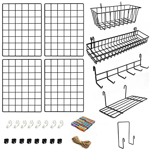 4er-Pack Wandgitter mit Zubehör - Fotowand für Heim & Büro - Vielseitiges 4er-Set Wandgitter mit Hänge-Körben & Clips, ideal für kreative Deko-Ideen und persönliche Erinnerungen in jedem Raum.