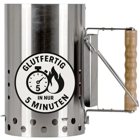 Anzündkamin XL Edelstahl, 6,5 Liter - Optimal für Grillfans - Geschirr - Hitzeschutzschild und ergonomischer Buchenholzgriff für sicheres und schnelles Anzünden von Grill-Holzkohle und Briketts.