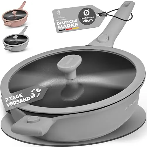 TRAUMLEBEN Bratpfanne 28 cm mit Deckel - Pfanne mit abnehmbaren Griffen und PFOA-freier Antihaftbeschichtung, ideal für gesundes, fettfreies Kochen. Perfekt für Induktion und platzsparend!