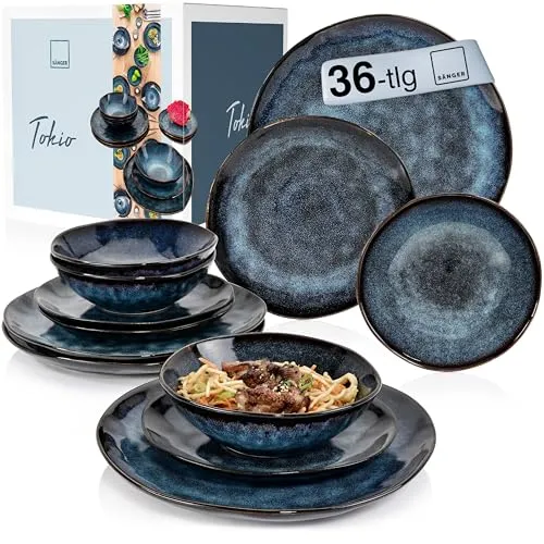 Sänger Tafelservice Tokio 36 tlg - Geschirrset für 12 Personen - Elegantes Steingut Geschirrset in Dunkelblau mit schwarzen Akzenten, perfekt für jeden Anlass. Handgefertigt, spülmaschinen- und mikrowellengeeignet für hohe Langlebigkeit.
