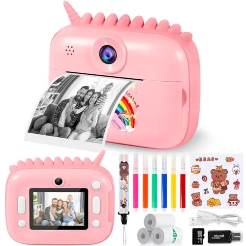 Sofortbildkamera Kinder,12MP 2.4 Zoll Bildschirm Kinderkamera Sofortbildkamera mit 32G Karte,Druckpapier & Farbigen Stiften,1080P Kamera Kinder Sofortdruck,Geschenk für Kinder 3-12 Jahren