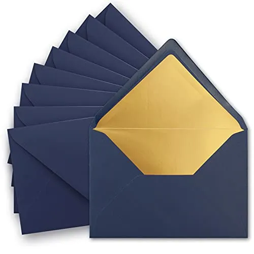 10x metallic Gold-gefütterte Brief-Umschläge DIN C5, dunkel-blau - 156 x 220 mm - Nassklebung mit spitzer Klappe - FarbenFroh by GUSTAV NEUSER