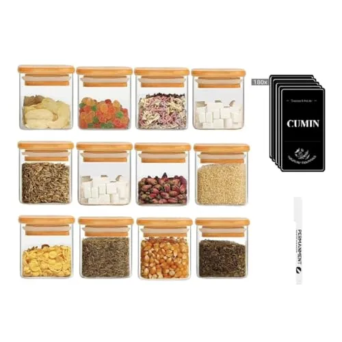 Gewürzgläser Eckig 12er Set mit Bambusdeckel – 120ml Organizer für Gewürze