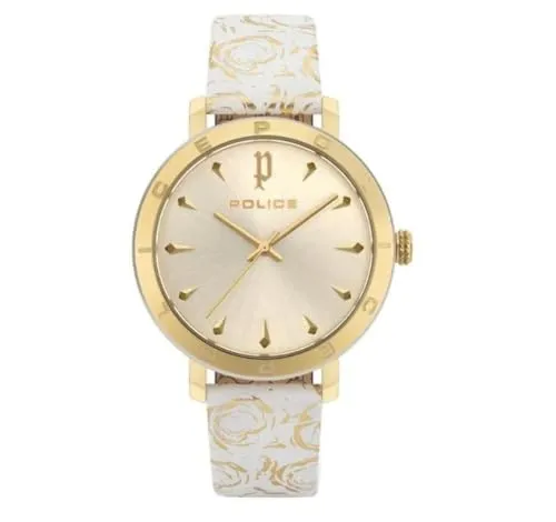 Police Damen Armbanduhr PL16033MSGS.06 - Goldene Eleganz - Stilvolle Damenarmbanduhr mit 36 mm Edelstahlgehäuse, goldfarbenem Zifferblatt und elegantem weißen Lederarmband. Wasserdicht bis 3 ATM, ideal für jeden Anlass.