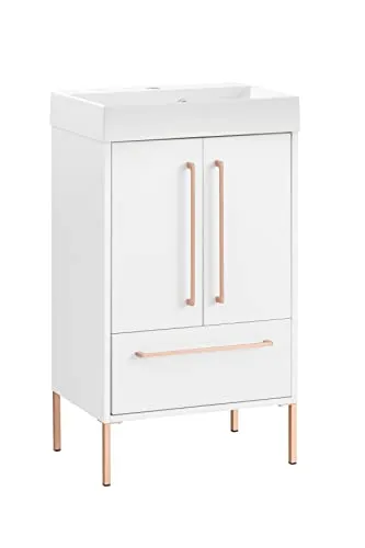 Schildmeyer Gloria II Waschtisch 150095 - Eleganter Waschtisch in Weiß/Roségold mit 2 Türen und 1 Vollauszug-Schubkasten, inkl. hochwertigem Mineralgussbecken. Ideal für stilvolle Badezimmer.