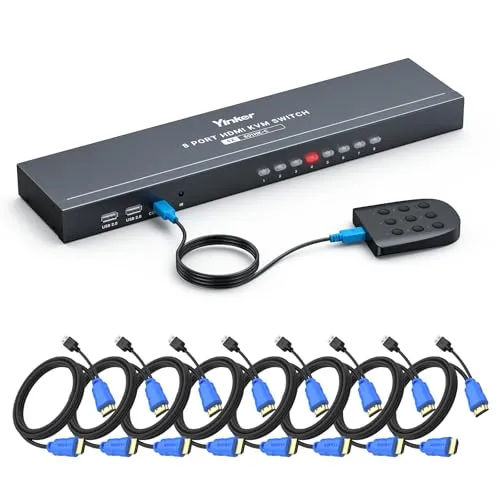 KVM-Switch, HDMI 8 Port, Yinker 4K @ 30Hz, USB-HDMI-Rack, KVM-Konsole, 8-in-1-Ausgang, mit 9 Kabeln, 4 USB-2.0-Hubs, Desktop-Selektor, IR-Fernbedienung und Ohren
