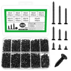 Schrauben M2 1620 Blechschrauben Holzschrauben schwarz M2 - Vielseitiges Set - Vielseitiges Set mit 1620 Blechschrauben in verschiedenen Größen, ideal für Holzprojekte und Reparaturen. Robuste Kohlenstoffstahlqualität für langlebige Befestigungen ohne Vorbohren. Perfekt für präzise Anwendungen!