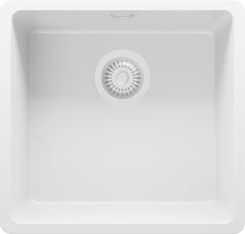 PRIMAGRAN Spülbecken Alles Weiß 46x44cm, Granitspüle 1 Becken + Ablauf-Set, Küchenspüle ab 50er Unterschrank - Venedig Slim Easy S026