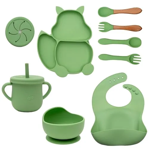 Baby Geschirr Set Fütterungsset 8-tlg. mit Becher und Lätzchen - Komplettes Fütterungsset aus hochwertigem Silikon, ideal für die ersten Mahlzeiten – sicher, langlebig und in fröhlichem Grün.