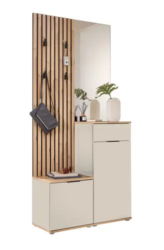 Kompaktgarderobe EASY in Artisan Eiche/Kaschmir - Elegante Kompaktgarderobe mit Paneel, Bank, Spiegel und Schuhkommode. Zeitloses Design und praktische Stauraumlösungen für Ihre Kleidung. Ideal für kleine Flure – Stellmaße: 88 x 195 x 35 cm.