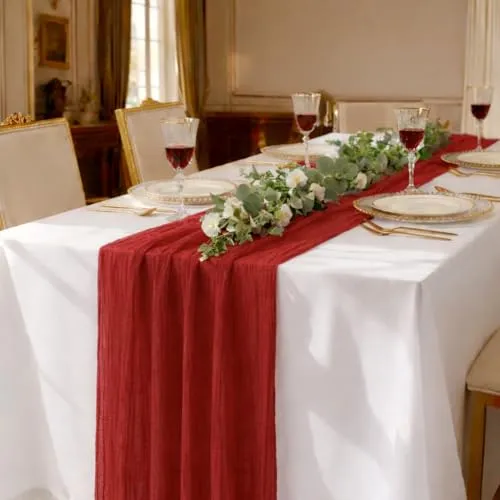DecoHomeTextil Musselin Tischläufer 80 x 300 cm Rot (Single Pack) Weicher Gaze Stoff mit Faltenoptik für Hochzeit, Geburtstag, Party & stilvolle Tischdekoration Boho