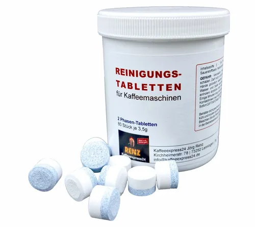 RENZ 2-Phasen-Reinigungstabletten für Jura Kaffeevollautomaten (80 Stück in Dose) - Effektive Reinigungstabletten für Jura Kaffeevollautomaten. Entfernen Kaffeefette und -öle, sorgen für eine gründliche Pflege. Ideal für die regelmäßige Nutzung, um die Lebensdauer Ihrer Maschine zu verlängern.