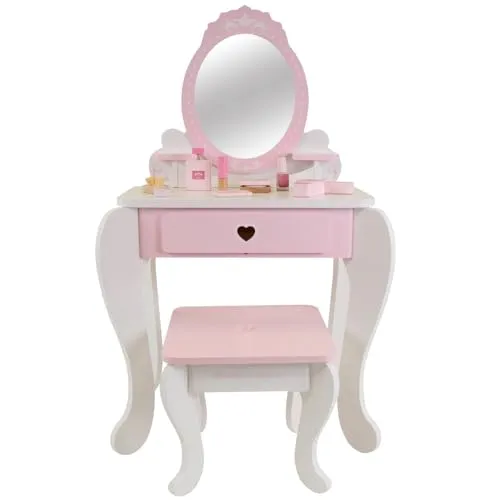 Bandits & Angels Kinderschminktisch Julia Weiß Rosa mit Spiegel für Mädchen ab 3 Jahren - Schminktisch aus Holz - Schminktisch inklusive Hocker - Für Kinder