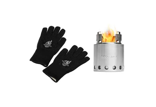 Feuergott Holzkohlegrill & Solo Stove Lite Campingkocher Set - Praktisches Set für Camping: Der Solo Stove Lite Campingkocher ist leicht, aus hitzebeständigem Edelstahl und ideal für unterwegs. Mit Grillhandschuhen von FEUERGOTT bist du bestens ausgestattet für deine Outdoor-Küche.