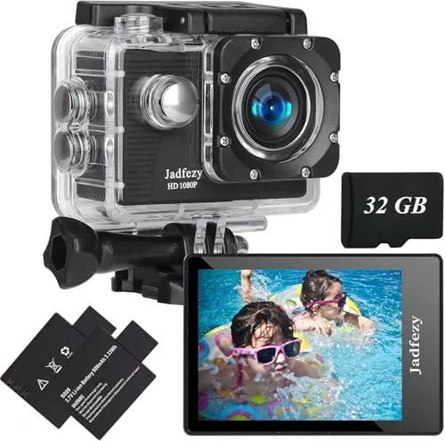 Jadfezy Dual Action cam mit 32G Karte Helmkamera,unterwasserkamera mit Zwei 1350 mAh wiederaufladbare Akkus und Zubehör-Set（Neu 2026）