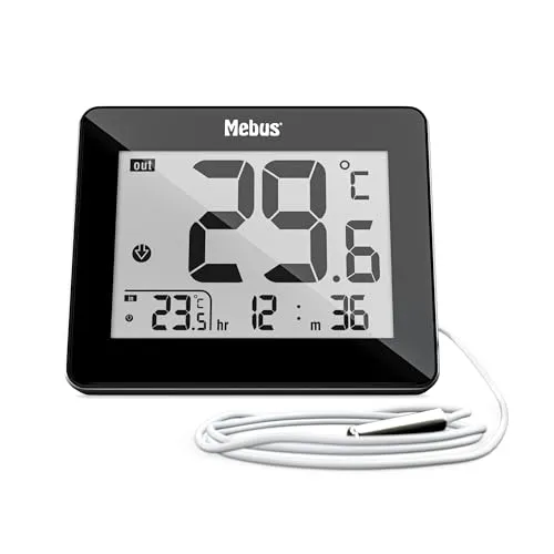 MEBUS digitales Thermometer Innen und Außen mit kabelgebundenem Außensensor, Uhrzeit, Min/Max-Werte, Farbe: Schwarz, Modell: 48432