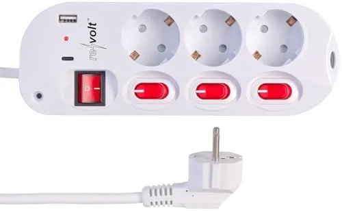 revolt USB Netzteil: 3-fach-Steckdosenleiste mit USB-C und USB-A - Steckdosen & Zubehör – Ideal für den Schreibtisch mit einzeln schaltbaren Steckdosen und 2 USB-Ladeports (1x USB-C 20W PD, 1x USB-A 15W) für schnelles Laden.