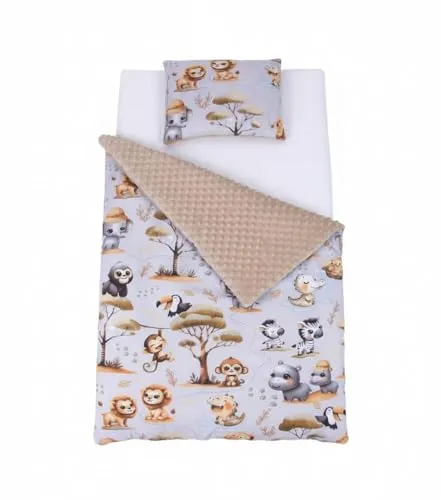 Babylux Babydecke 75x100 cm mit Kissen 30x35 cm – Kuscheldecke aus Minky & Baumwolle – Krabbeldecke für Kinderwagen, Babybett & Spielgruppe (K149 - Beige + Dschungel)