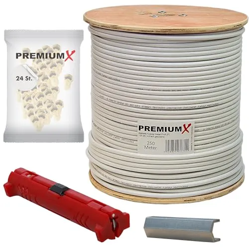 Premium X 250m SAT Profi Koaxial-Kabel - HiFi-Kabel für professionelle Satelliten- und Kabelfernsehinstallationen, 135 dB, 4-fach geschirmt, inklusive 24 vergoldeter F-Stecker und Abisolierwerkzeug für einfache Montage.