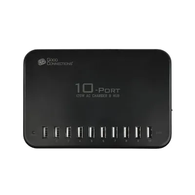 GC PCA-D002S - USB-Ladegerät mit 120 W - Ladegeräte für USB-Geräte, 10 USB-A-Anschlüsse für gleichzeitiges Schnellladen von bis zu 10 Geräten, sicher und kompakt mit Überspannungsschutz und intelligenter Ladeleistung.