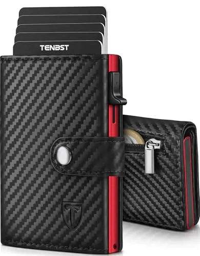 TENBST Geldbörse Herren, Slim Wallet Herren mit RFID & Münzfach, Hochwertige Geldbeutel, Kartenetui 8-Fach Portmonee, Wallets for Men - Rot-Schwarz