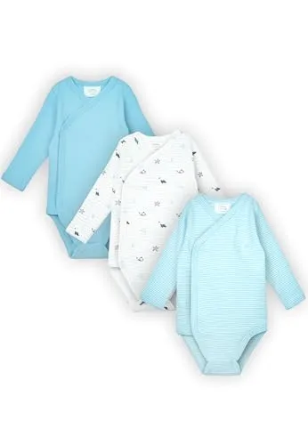 Stellou & friends Baby Body, 100% Bio-Baumwoll Wickelbody 3er MultiSet, kuschelweiche und hochwertige Kinder Kleidung für Jungs und Mädchen, Langarm-body,fish-and-stripes-50/56