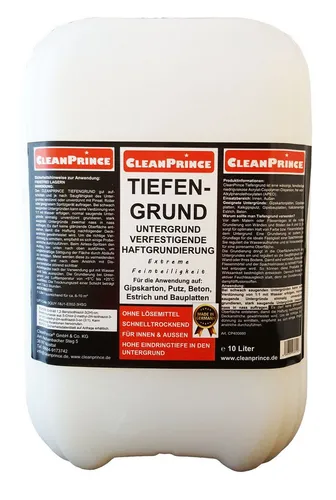 CleanPrince Tiefengrund - Hochwertige Grundierung für Gipskarton, Putz und Beton - Effektive Grundierung für innen und außen, sorgt für optimalen Halt von Farbe und Fliesenkleber, reguliert Wasseraufnahme und ermöglicht porenarme Oberflächen.