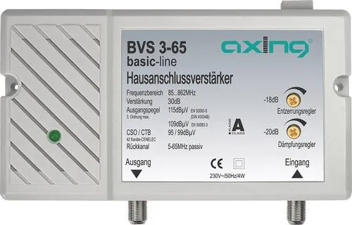 Axing BVS 3-65 Kabel-TV Verstärker 30 dB - Leistungsstarker Signalverstärker - Signalverstärker für Kabel-TV mit 30 dB, ideal für die Multimedia-Verteilung in bis zu 4 Wohneinheiten. Integriertes Netzteil und LED-Anzeige sorgen für einfache Installation und Nutzung.