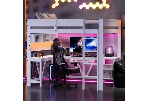 OKWISH Hochbett Funktionsbett Kinderbett mit Schreibtisch und LED-Beleuchtung - Multifunktionales Hochbett für Kinderzimmer, kombiniert Schlafplatz und Schreibtisch. Inklusive integrierter Ladestation und LED-Beleuchtung in 7 Farben – ideal für Spiele und Lernen.
